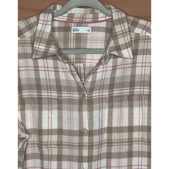 NWT-Croft & Barrow Beige/Tan & Pink Plaid Flannel Long Sleeve Button Up, Sz L - Picture 2 of 10